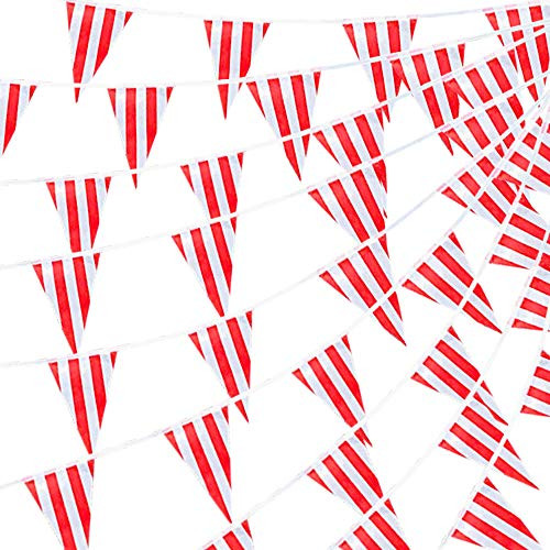RUBFAC 170ft 120pcs Red and White Striped Pennant Banner Flags String Triangle Bunting Flags, Party Decorations Supplies for Carnival Circus, Kids Birthday, Festival Celebration RUBFAC 170ft 120pcs Red and White Striped Pennant Banner Flags String Triangle Bunting Flags, Party Decorations Supplies for Carnival Circus, Kids Birthday, Festival Celebration