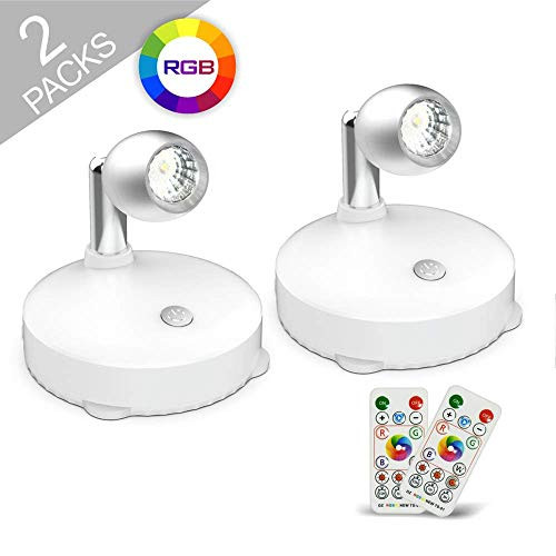 LED Spotlight,RGB Wireless Spotlight,LED Accent Lights Battery Operated with Remote, Dimmable Puck Light with Rotatable Light Head for Painting Picture Artwork Closet 2pack (Silver)