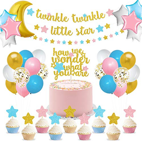 Yaaaaasss! Gender Reveal Party Decorations Twinkle Twinkle Little Star Banner Pink Blue Gold Star Cake Topper Moon and Star Balloons Boy or Girl He or She Baby Shower Supplies