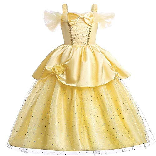Little Girls Princess Belle Costume Off Shoulder Layered Dress up (9-10T) Yellow