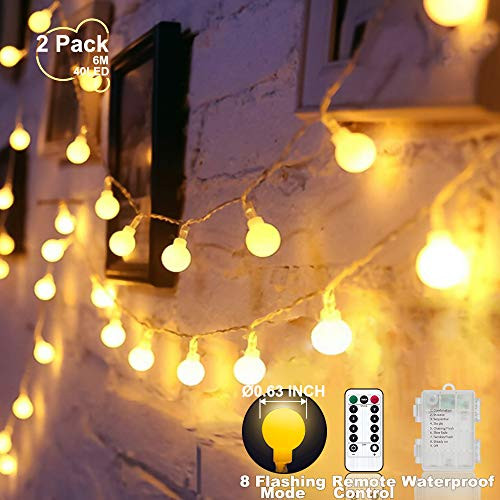 YoTelim Globe String Lights Battery Operated Warm White ?Water Proof 2 Pack 19.7FT 40 LED Globe Fairy String Light 8 Modes with Remote Control, for Home, Party, Christmas, Wedding, Garden Decoration