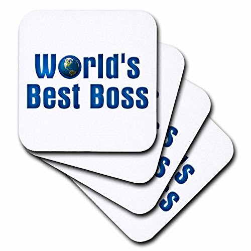 3dRose CST_41823_1 Blue Text Worlds Best Boss with Globe on White Background-Soft Coasters, Set of 4