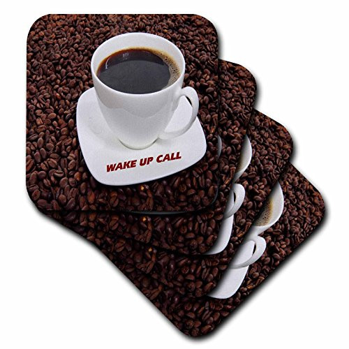 3dRose CST_48207_1 Wake Up Call on Coffee Cup N Beans Soft Coasters, Set of 4 3dRose CST_48207_1 Wake Up Call on Coffee Cup N Beans Soft Coasters, Set of 4