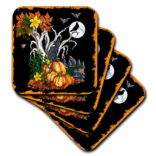 3dRose CST_13069_1 Halloween Night with a Black Cat, Creepy Tree, Full Moon, Bats and Jack O Lanterns Soft Coasters, Set of 4