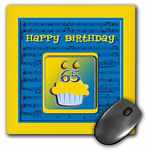 3dRose LLC 8 x 8 x 0.25 Inches Mouse Pad, 65Th Birthday Cupcake on Music Notes, Blue and Yellow (mp_98940_1)