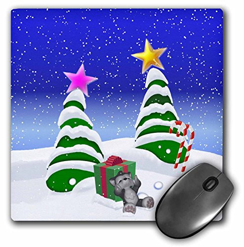 3dRose LLC 8 x 8 x 0.25 Inches Mouse Pad, Toon Wolf Cub in Snow with Christmas Trees (mp_165216_1)