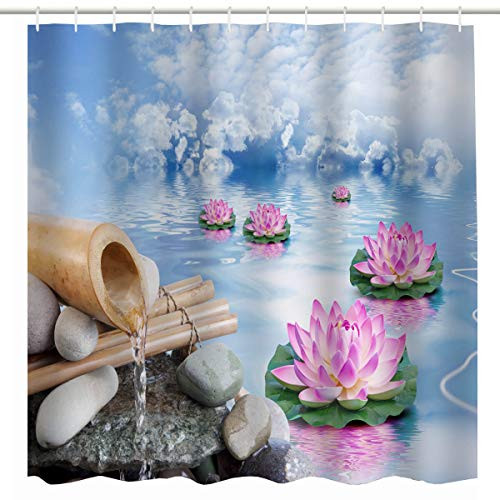 BROSHAN Spa Shower Curtain Set,Zen Spring Nature Asian Lotus Flower in Water Garden Art Print Bath Curtain,Polyester Waterproof Fabric Bathroom Accessories with Hooks,72x72 Inch