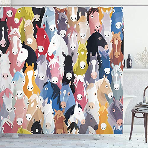 Horses Shower Curtain Set Abstract Decor by Ambesonne, Pattern with Colourful Cartoon Horses Pony Childhood Childish Artwork Pattern, Fabric Bathroom Accessories, With Hooks, Pink Blue Green