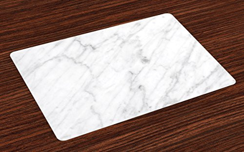 Ambesonne Marble Place Mats Set of 4, Carrara Marble Tile Surface Organic Style Granite Model Modern Design, Washable Fabric Placemats for Dining Table, Standard Size, Grey White