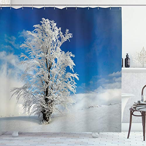 Ambesonne Winter Shower Curtain, Lonely Tree on Snow Covered Land Cloudy Sky Rural Scenery in January Cold Country, Cloth Fabric Bathroom Decor Set with Hooks, 70" Long, Blue White