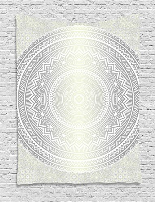 Ambesonne Grey and White Tapestry, Medallion Pattern Round Shape Mandala Hippie Ombre Retro Culture Design, Wall Hanging for Bedroom Living Room Dorm Decor, 40" X 60", Grey Ombre