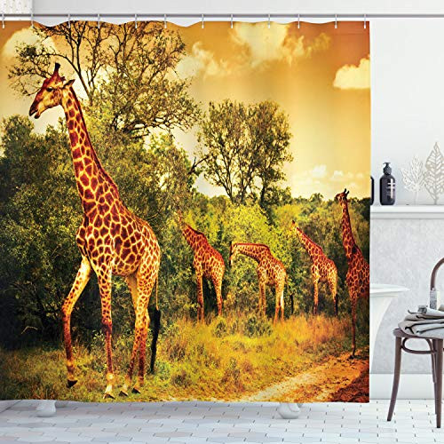Ambesonne Giraffe Shower Curtain, Safari Animals Walking in The Green Forest Savannah Wildlife Theme, Cloth Fabric Bathroom Decor Set with Hooks, 70" Long, Dark Orange