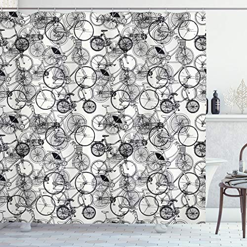 Ambesonne Sketchy Shower Curtain, Vintage Retro Bicycle Bike Hand Drawn Vector Abstract Design Image Artwork, Cloth Fabric Bathroom Decor Set with Hooks, 70" Long, White and Black