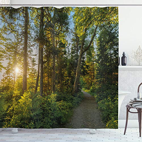 Ambesonne Landscape Shower Curtain, National Park in Cape Breton Highlands Canada Forest Path Trees Tranquility Photo, Cloth Fabric Bathroom Decor Set with Hooks, 70" Long, Green Blue