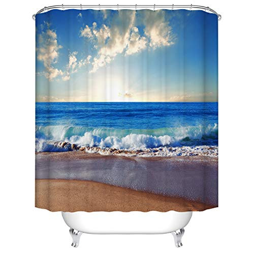 Fangkun Beach Ocean Theme Shower Curtain - Wavy Ocean Blue Sky White Clouds Surface Scenery Polyester Fabric Bath Curtains Decor Set - 12PCS Shower Hooks (YL143#, 72 x 72 inches)