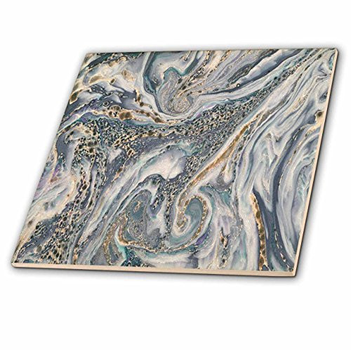 3dRose ct_255025_1 Blue Gray and Gold Marble Texture Effect Ceramic Tiles, 4"