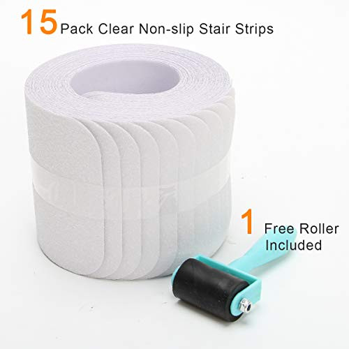 24x 4 Non-Slip Stair Treads Tape (15-Pack), Adhesive Stair Treads with A Roller, Clear Anti-Slip Indoor Strips, Easy Install Kit, PVC Free
