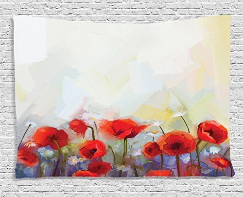 Ambesonne Watercolor Flower Decor Collection, Poppies Spring Meadow Wildflower Color Painting, Bedroom Living Room Dorm Wall Hanging Tapestry, 60W X 40L Inch