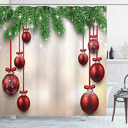 Ambesonne Christmas Shower Curtain, Xmas Traditional Winter Season Theme Fir Twigs and Vibrant Balls Graphic Print, Cloth Fabric Bathroom Decor Set with Hooks, 70" Long, Beige Green Red Ambesonne Christmas Shower Curtain, Xmas Traditional Winter Season Theme Fir Twigs and Vibrant Balls Graphic Print, Cloth Fabric Bathroom Decor Set with Hooks, 70" Long, Beige Green Red