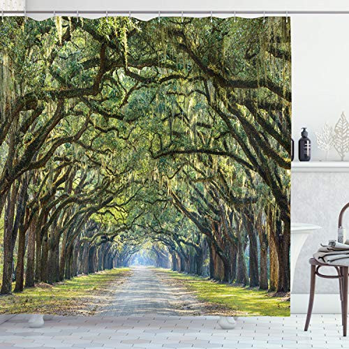 Ambesonne Forest Shower Curtain, Tranquil Pathway with Strong Green Trees Serene Nature Trekking Theme, Cloth Fabric Bathroom Decor Set with Hooks, 70" Long, Green and