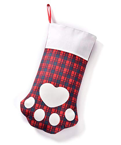 Gift Craft Paw Print Rosy Red Plaid 19 x 9 Polyester Velvet Fabric Holiday Stocking