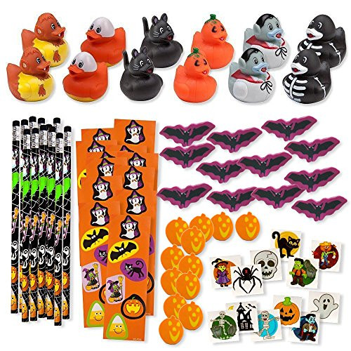 Bulk 156 Halloween Party Favors Treats for Kids Toys Novelty Assortment 12 Ducks 12 Pencils 12 Stickers Sheets 48 Mini Erasers 72 Glitter Tattoos