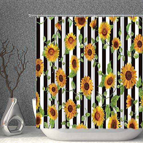 AMNYSF Sunflower Decor Shower Curtain Yellow Flower Green Leaves Spring Garden Black White Stripes Fabric Bathroom Curtains,70x70 Inch Waterproof Polyester with Hooks
