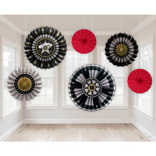 amscan Hollywood Movie Themed Party Movie Reel Round Fan Decoration (6 Piece), Black/Gold/Silver, 13 x 11