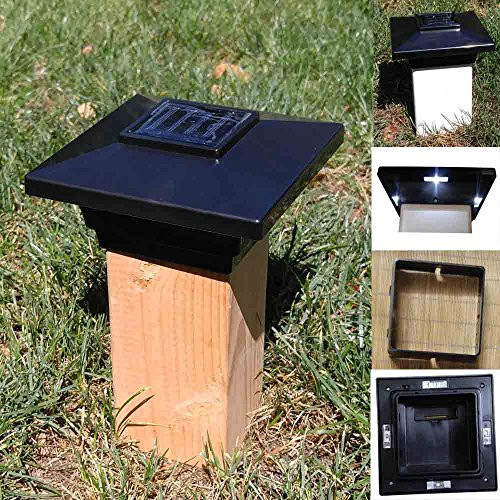 (4 Pack) Solar Post Cap Low Profile 4 SMD LED Off 4"X4" PVC Fence Post With Adapter for 3.5" x 3.5" Wood Post (Black)