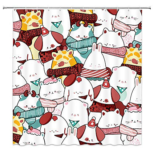 BST Cute Cat Shower Curtain Dog Kitty Scarf Creative Animal Christmas Day White Bathroom Curtain Decor Polyester Fabric Quick Drying 70x70 Inches Include Hooks