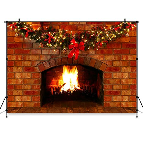 COMOPHOTO Christmas Fireplace Backdrop for Photography 7x5ft Red Brick Fireplace Decorations for Xmas Party Photo Background Pictures Studio Props