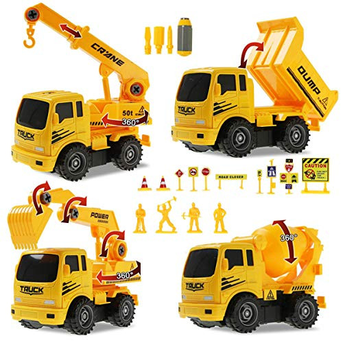 Coolplay Construction Vehicles Take Apart Truck with Tools, Assemble Play Set Toys for Kids, Crane, Excavator, Mixer, Dump Truck - Pack of 4