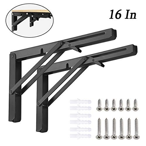 Folding Shelf Brackets, Heavy Duty Metal Triangle Shelf Bracket, DIY Bracket Folding Shelf Hinge Wall Mounted, Max Load: 150lb, for Table Work Bench Space Saving, Pack of 2 (16 Inch)