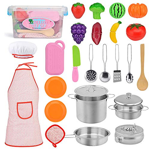 Exqline Kids Kitchen Pretend Play Toys - 25 Pcs Included Stainless Steel Stove and Cookware Pots and Pans Set, Cooking Utensils Accessories, Cutting Vegetables & Fruit, Apron & Chef Hat for Girls Boys