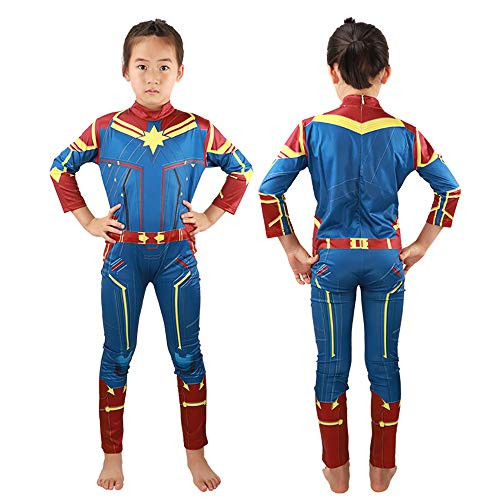 HuangWeida Girls' Costume Carol Danvers Cosplay Jumpsuit Children's Superhero Captain Dress Up for Party Halloween Christmas (Blue, XL)