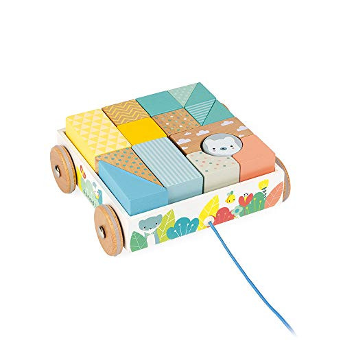 Janod Pure Pull-Along 16 PC Cherry Wood Pastel Block Set in Matching Cart for Sorting & Motor Skills Ages 18+ Months