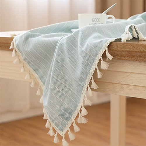 LUCKYHOUSEHOME Green and White Stripe Tassel Rectangular Tablecloth Cotton Linen Rural Home Kitchen Dinning Tabletop Table Cover 55 x 71 Inch