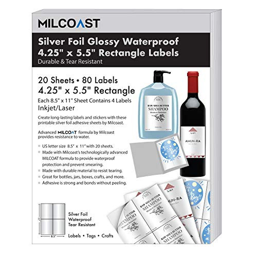 Milcoast Silver Foil Glossy Waterproof Tear Resistant Adhesive 4.25" x 5.5" Rectangular Labels for Inkjet/Laser Printers - 80 Labels (20 Sheets)