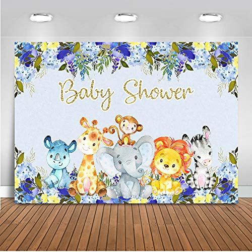 Mocsicka Jungle Safari Baby Shower Backdrop Jungle Animals Blue Floral Baby Shower Background 7x5ft Vinyl Jungle Baby Shower Banner Backdrops