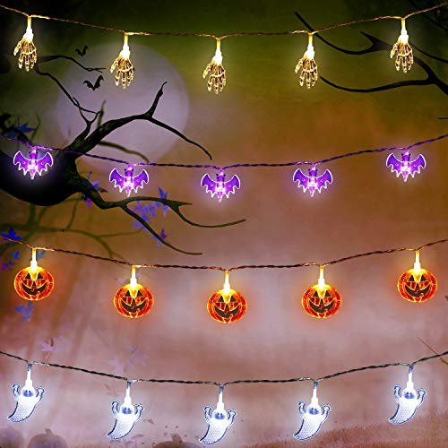 Set of 4 Halloween String Lights, 10 Feet 20 LEDs Orange Pumpkins, Purple Bats, White Ghosts, White Skeleton Hands Battery Powered String Lights for Halloween Decorations Outdoor Indoor Set of 4 Halloween String Lights, 10 Feet 20 LEDs Orange Pumpkins, Purple Bats, White Ghosts, White Skeleton Hands Battery Powered String Lights for Halloween Decorations Outdoor Indoor