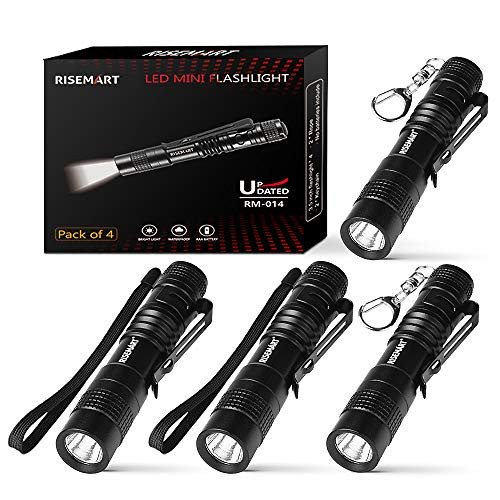 Keychain Flashlight, RISEMART Small Mini Pocket Led Pen light Super Bright EDC Waterproof 3.5inch CREE XPE-R3 Portable with Clip and AAA Battery (Pack of 4) for Inspection, Hiking, Camping