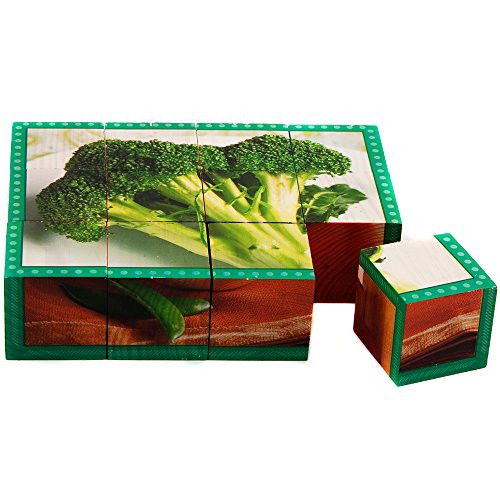Stages Learning Real Picture Vegetables Wooden Cube Language Builder Preschool Puzzle (12 Piece), Green