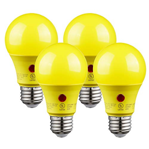 TORCHSTAR LED Dusk-to-Dawn Yellow A19 Bug Light Bulb, 9W 2700K Soft White, Outdoor Photocell Sensor Bulb, UL Listed, Damp Location, Patio, Deck, Porch, Hallway, Backyard, Pack of 4