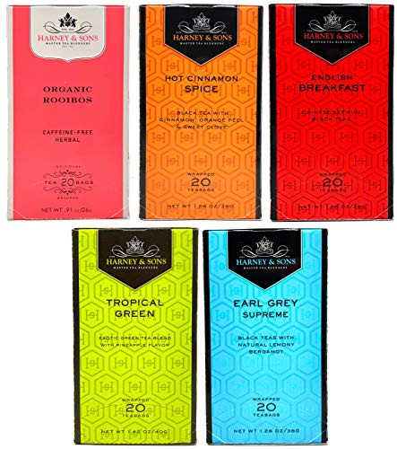 Harney & Sons Variety Pack Premium Tea Bags - 5 Flavors, 20 Tea Bags Each with Tru Inertia Sugar