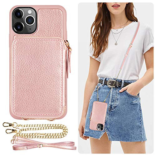 iPhone 11 Pro Wallet Case, ZVE iPhone 11 Pro Credit Card Holder Case with Crossbody Chain Handbag Purse Wrist Strap Zipper Leather Case Protective Cover for Apple iPhone 11 Pro 5.8 inch - Rose Gold