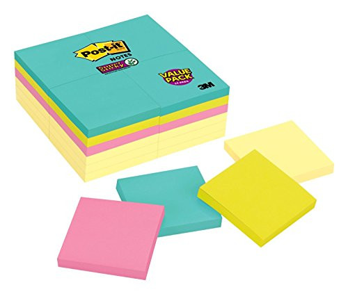 Post-it Super Sticky Notes, 3 in. x 3 in., Miami Collection, 24 Pads/Pack, 90 Sheets/Pad (654-24SSCYM)