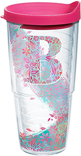 Tervis 1240164 INITIAL-B Botanical Insulated Tumbler with Wrap and Fuschia Lid 24oz Clear