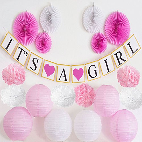 Girl Baby Shower Decorations | IT'S A GIRL Gold Garland Banner | Tissue Flower Pom Poms | Paper Fans | Paper Lanterns | Pink and Gold Baby Shower Decorations Girl Baby Shower Decorations | IT'S A GIRL Gold Garland Banner | Tissue Flower Pom Poms | Paper Fans | Paper Lanterns | Pink and Gold Baby Shower Decorations