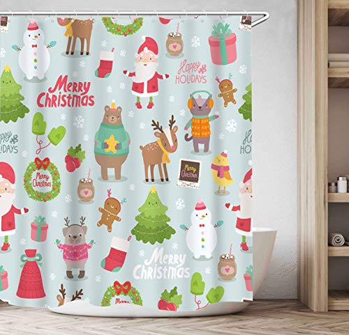 Get Orange Merry Christmas Shower Curtain Adorable Design Santa Claus Bird Ginger Cookie Snowman Deer Pug Cat Bear Gift Waterproof Polyester Fabric Bathroom Shower Curtain 72X72 Inch