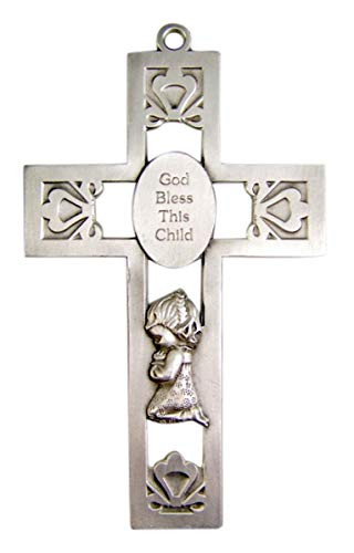 God Bless This Child Praying Girl Pewter Wall Cross for First Communion or Baptism 5 1/4 Inch